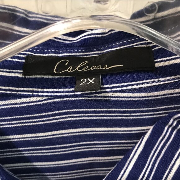Calessa Shirt Womens 2XL Blue Stripe Boho Patchwork Button Front Roll Tab New - Picture 2 of 10